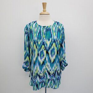 Chico's Womens Button Front Roll Tab Sleeve Blouse Top‎ Size L (2) Blue Green